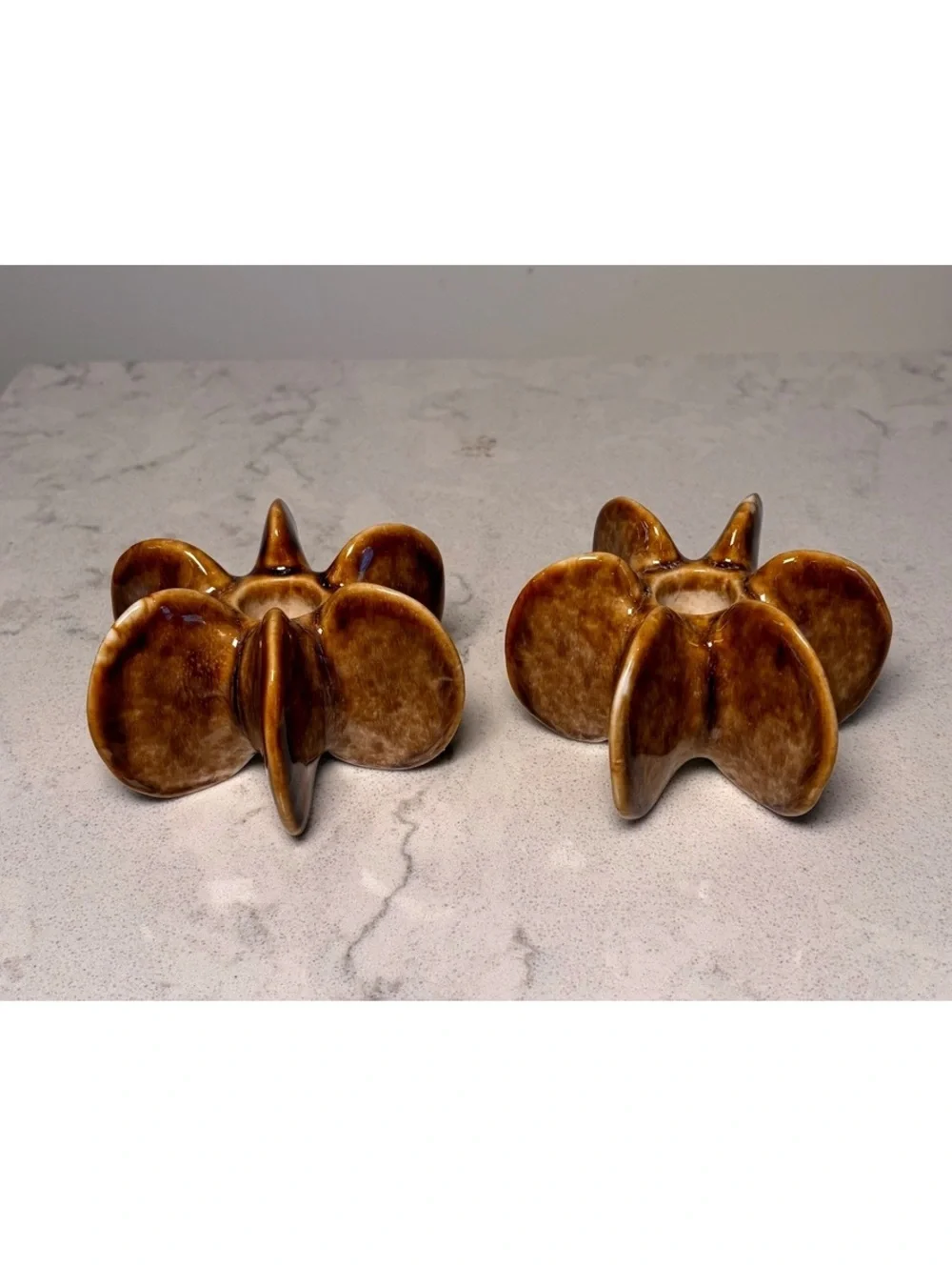 Pair Brown Glazed Ceramic Starburst Candle Holders Sculptural Modern Decor